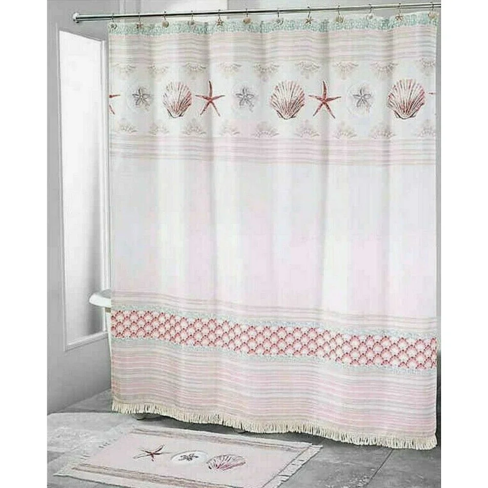 Avanti Coronado Shells Starfish Fabric Shower Curtain 72x72 Fringed Beads Summer